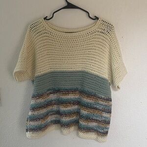 Handmade Crochet Colorblock Boho Top | Size Large | Short Sleeve Pullover